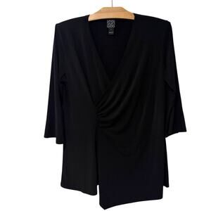 Clara Sun Woo | Top Black 3/4 Sleeves V Neck Stretch Slimming Flattering- Large